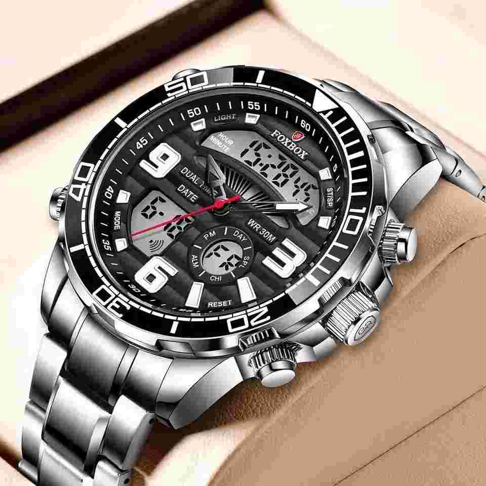 FOXBOX Watches Men Quartz Wristwatch Full Steel Male Digital Stopwatch Boy Watch