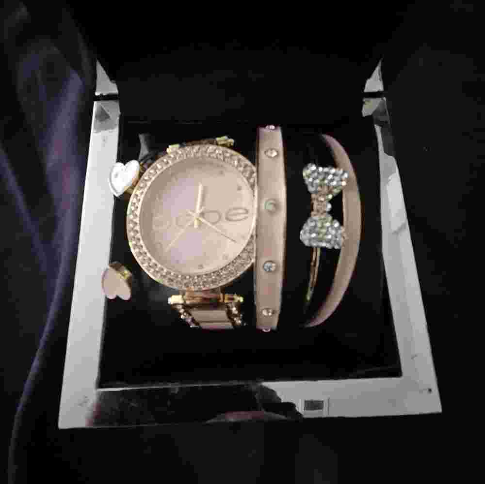 BEBE Faux-Diamond Watch And Bangle Set Rose Gold