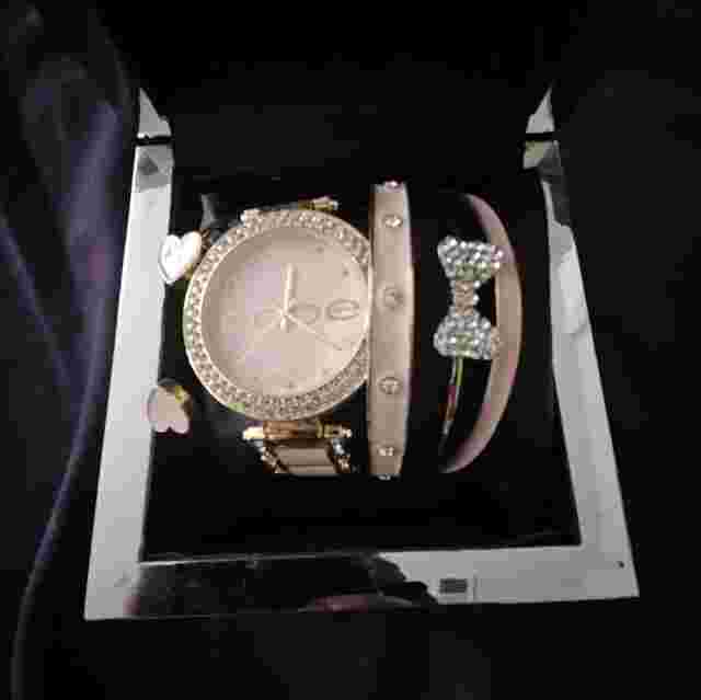 BEBE Faux-Diamond Watch And Bangle Set Rose Gold