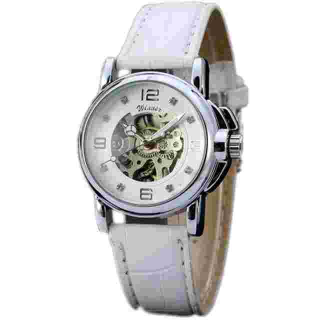 Luxury Dress White Leather Band Skeleton Women Automatic Mechanical Wrist Watch