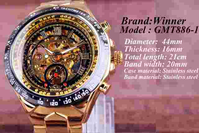 T-Winner Mens Stainless Steel Hollow Skeleton Self-Winding Mechanical Wristwatch