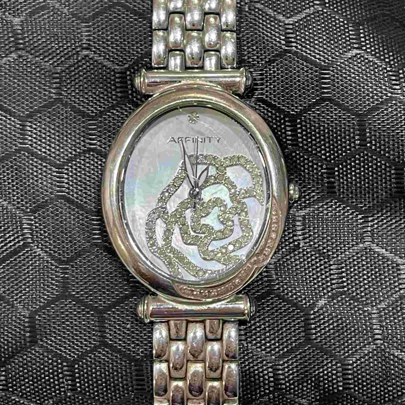 Affinity Diamond Jeweler Stainless Steel Rose Encrusted Watch Silver Tone