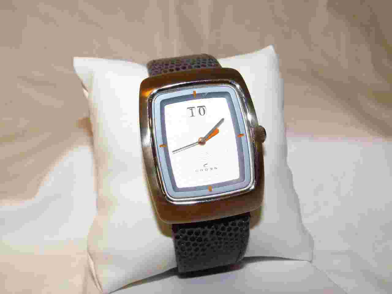 Men's CROSS Stainless Steel Watch Grey Lizard Grain Band NOS Date Orange accents