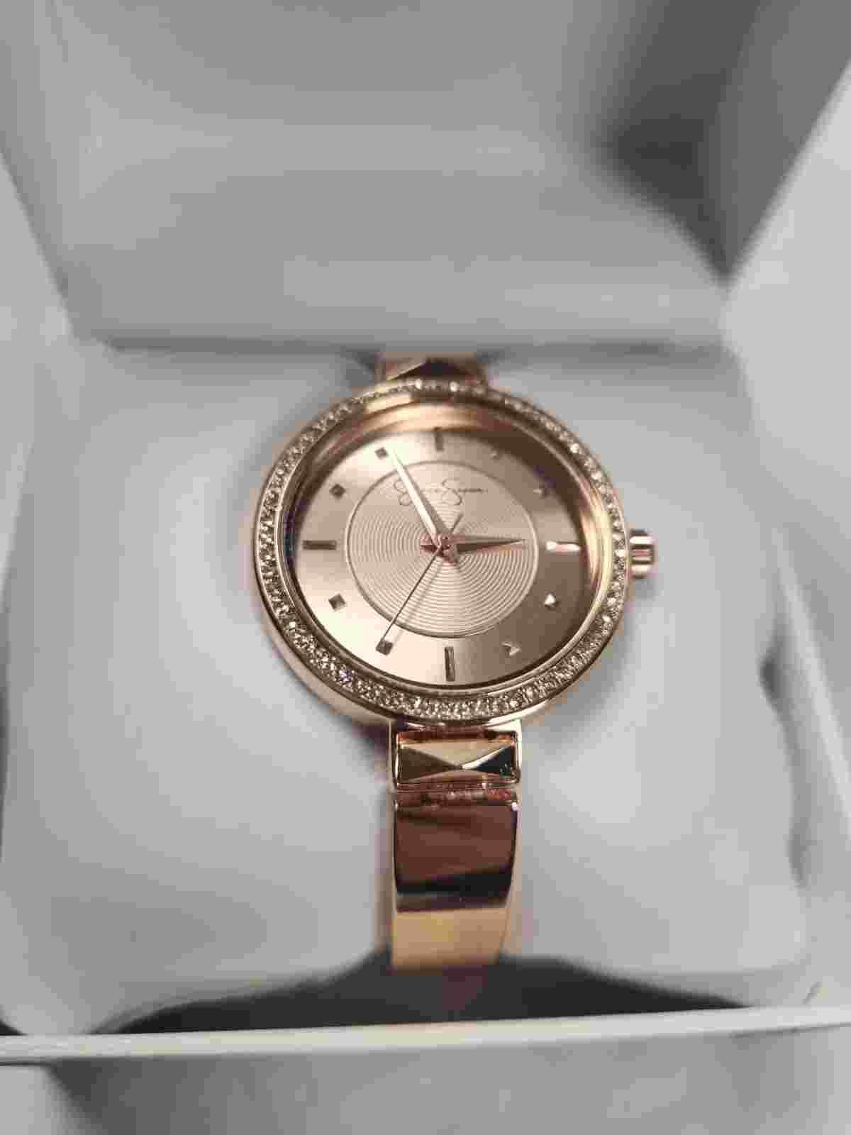 Jessica Simpson Rose Gold Crystal Double Arm Adjustable Bangle Analog Watch