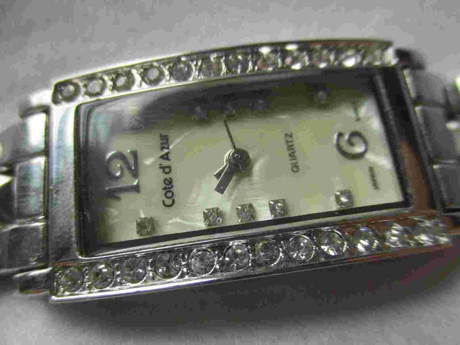 Cote D' Azur Analog Wristwatch Silver Tone Band Rectangular Face Rhinestones