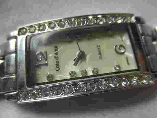Cote D' Azur Analog Wristwatch Silver Tone Band Rectangular Face Rhinestones