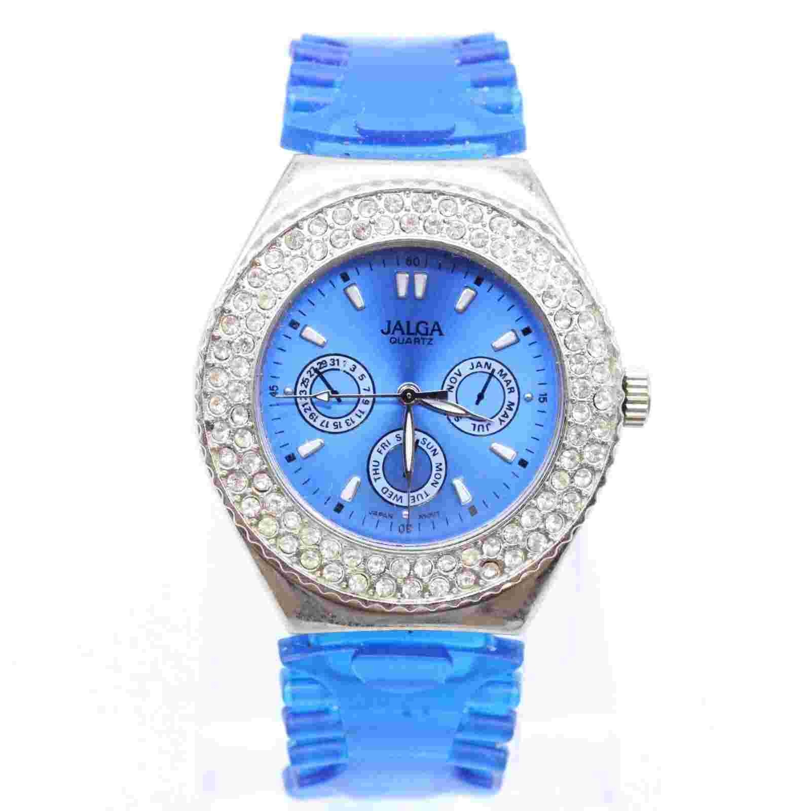 Jalga Watch Unisex Silver Tone Stainless Steel Blue Rubber Band Rhinestones