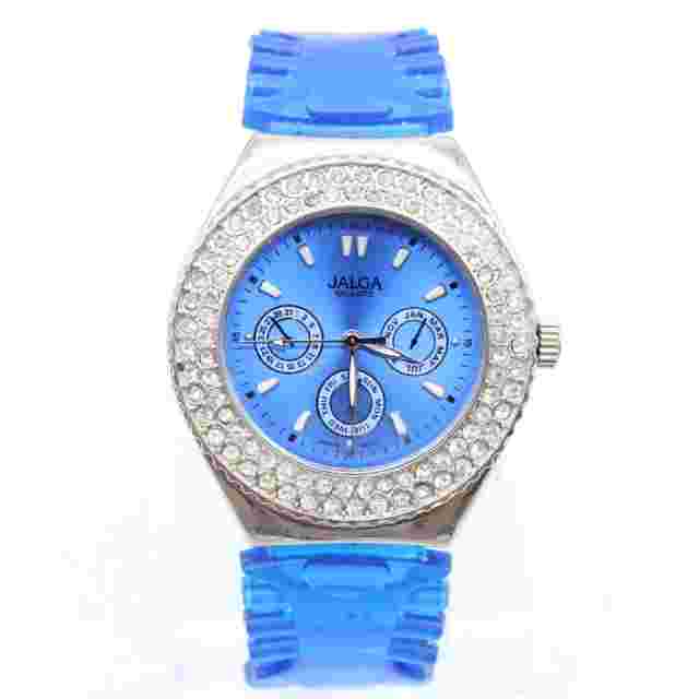 Jalga Watch Unisex Silver Tone Stainless Steel Blue Rubber Band Rhinestones