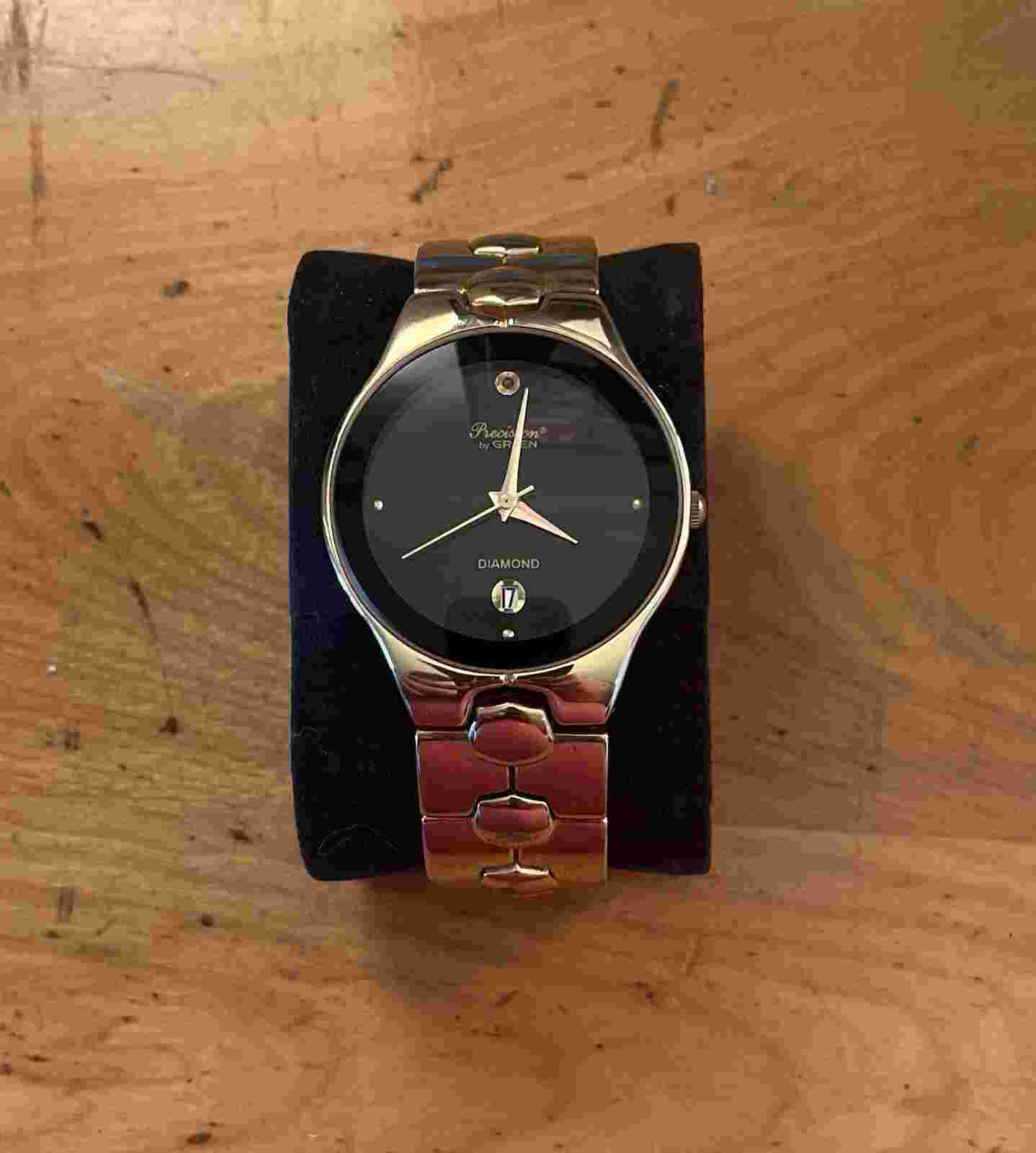 Precision By Gruen Diamond Watch. Men’s. 38mm Gold Tone Black Dial. New Battery.