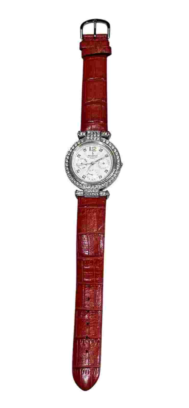 PEUGEOT WOMEN'S 338 CHRONOGRAPH CRYSTAL ACCENTED CASE WHITE DIAL RED STRAP 3 ATM