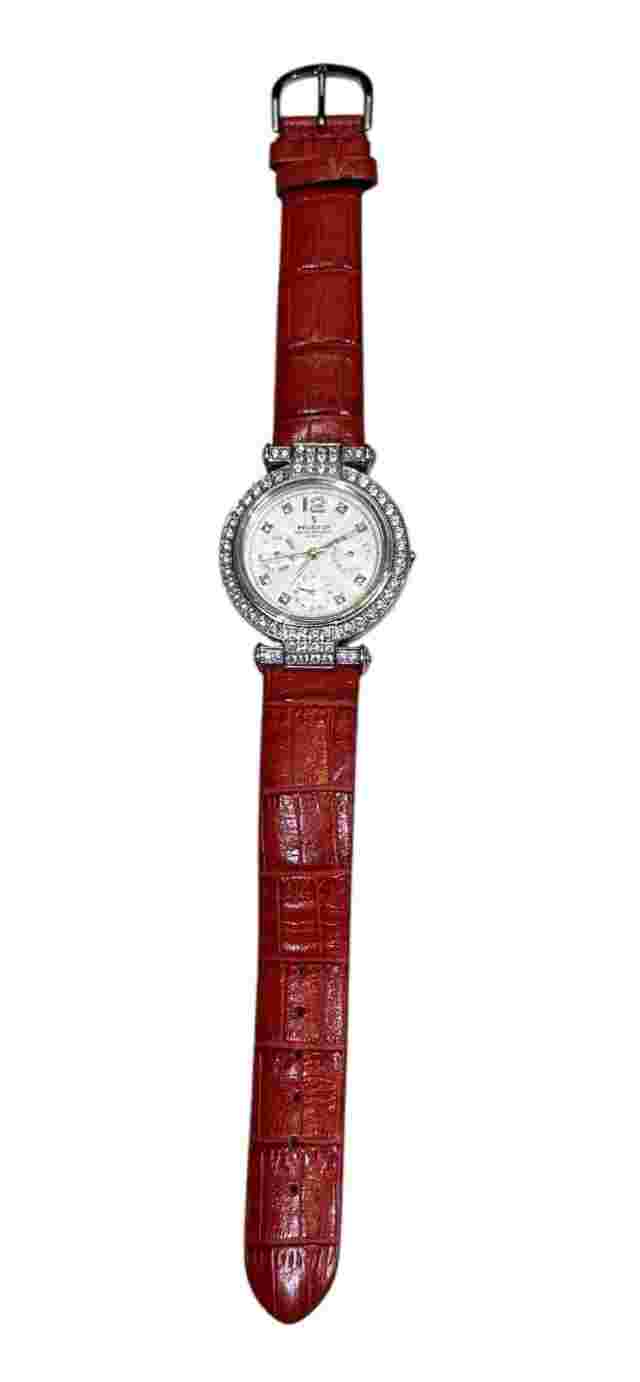 PEUGEOT WOMEN'S 338 CHRONOGRAPH CRYSTAL ACCENTED CASE WHITE DIAL RED STRAP 3 ATM