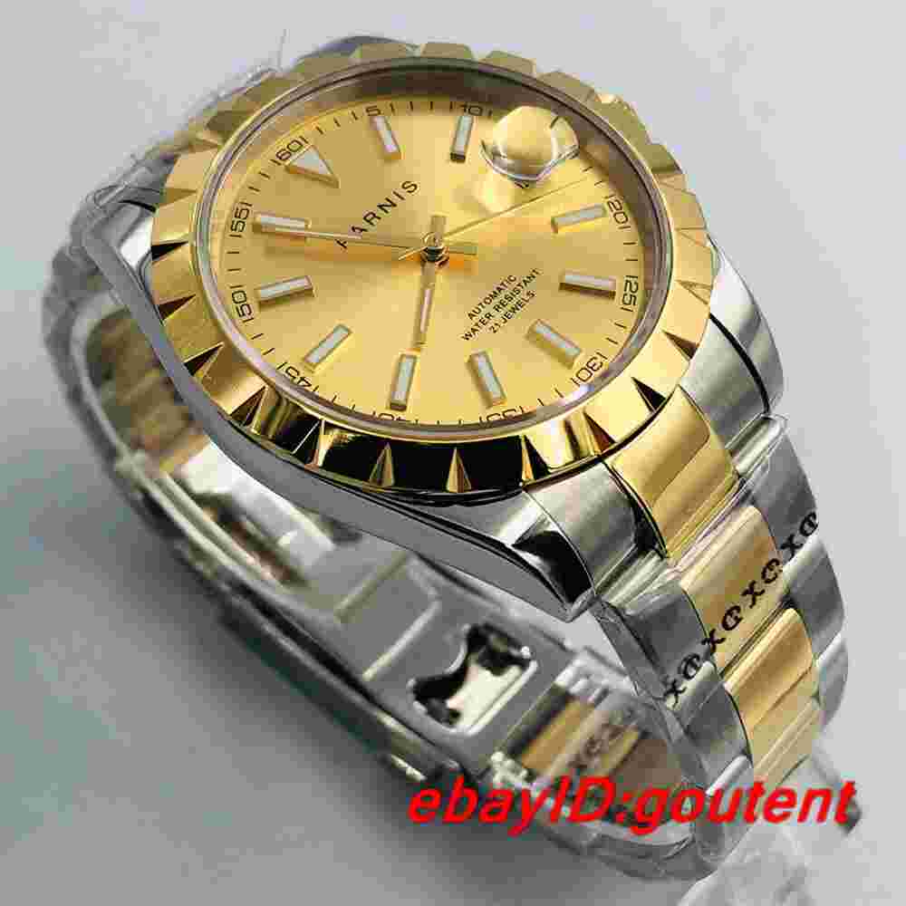 Parnis 39mm sapphire glass gold dial luminous Steel strap automatic mens watch