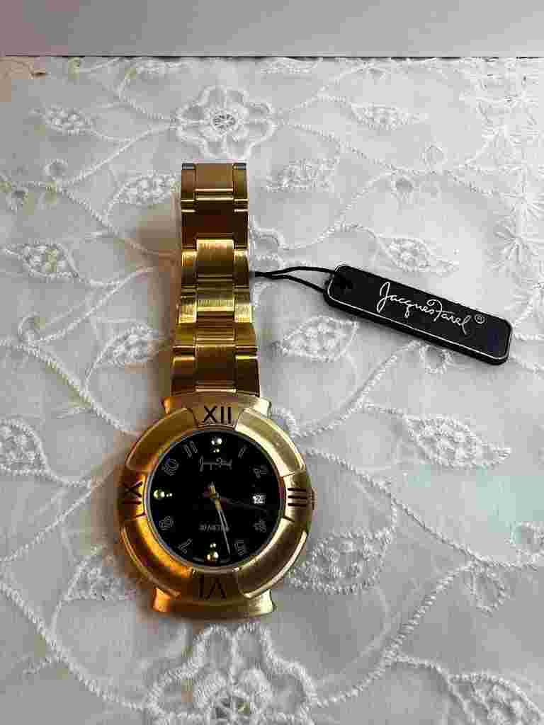 Vintage Jacques Farel Quartz Watch Mens Gold Case Black Dial Stainless Band X