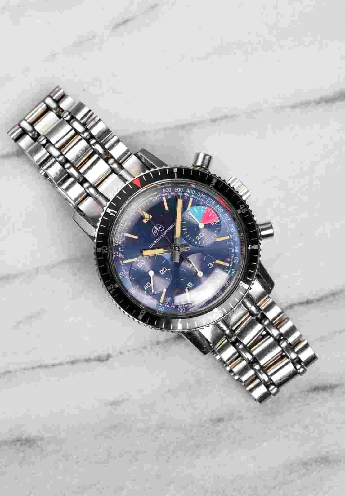 Vintage Ollech and Wajs Chronograph 1970s Manual Wind Valjoux 72 Blue Dial 37mm