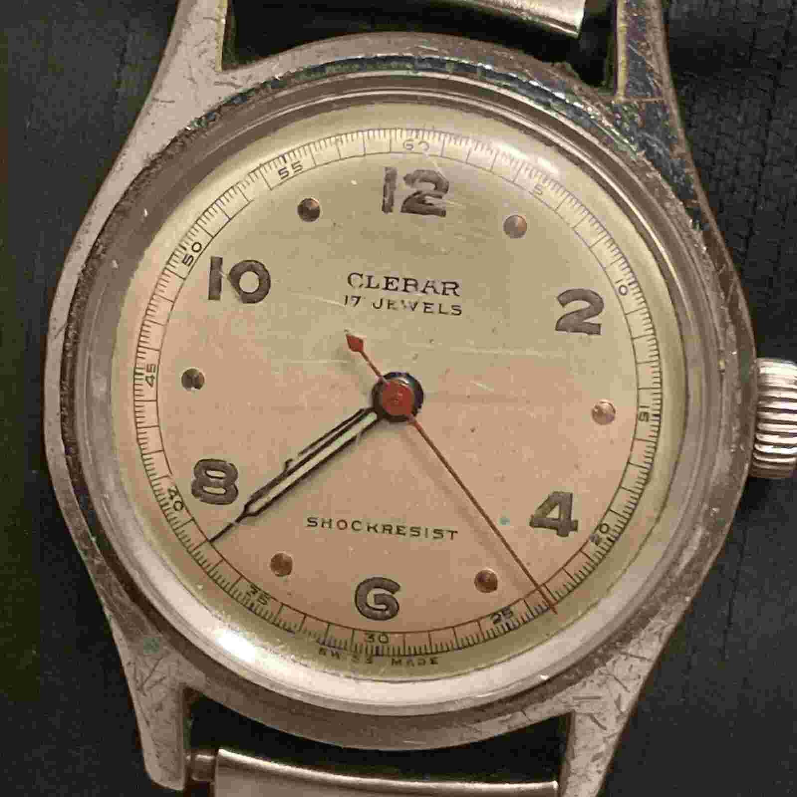 Vintage Men's CLEBAR 17 Jewel, Shock Resist, Swiss, WW2 Era 1940s Military Watch