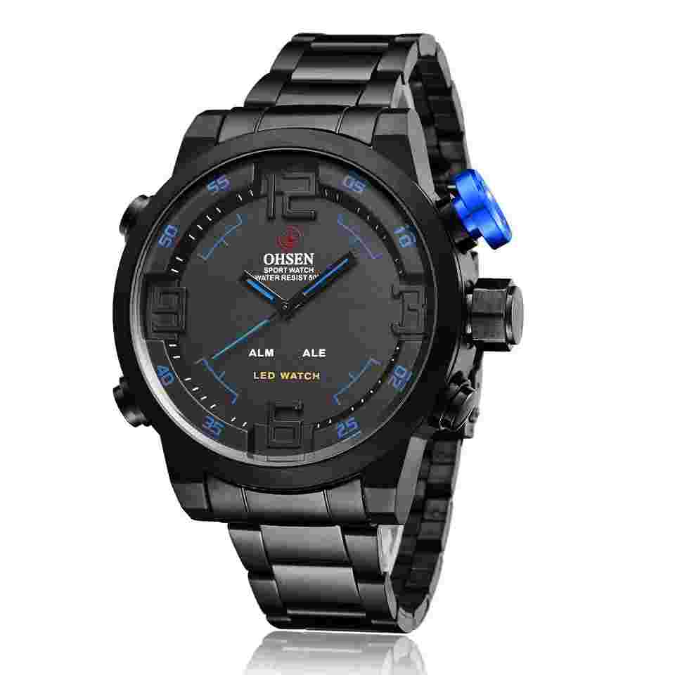 OHSEN Men Fashion Stainless Steel Dual Display LED Digital Quartz Wrist Watches