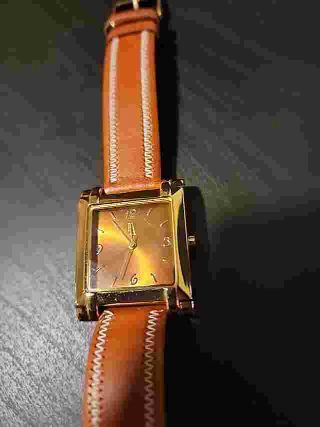 Etienne Aigner Gold Tone Square Case Brown White Stitch Leather Band Watch