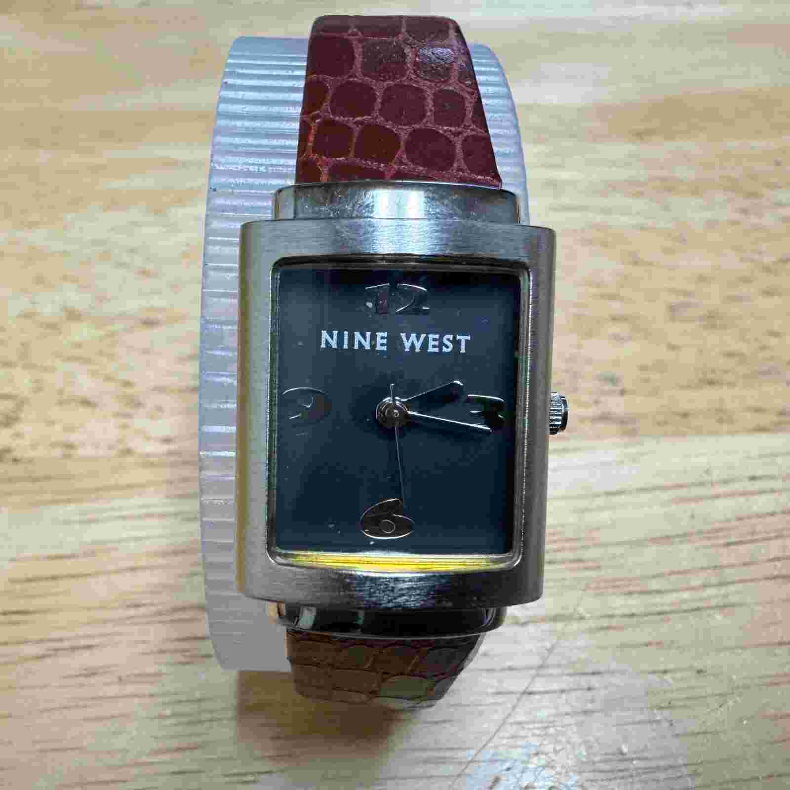 Nine West Quartz Watch Women Silver Black Rectangle Leather Band New Battery