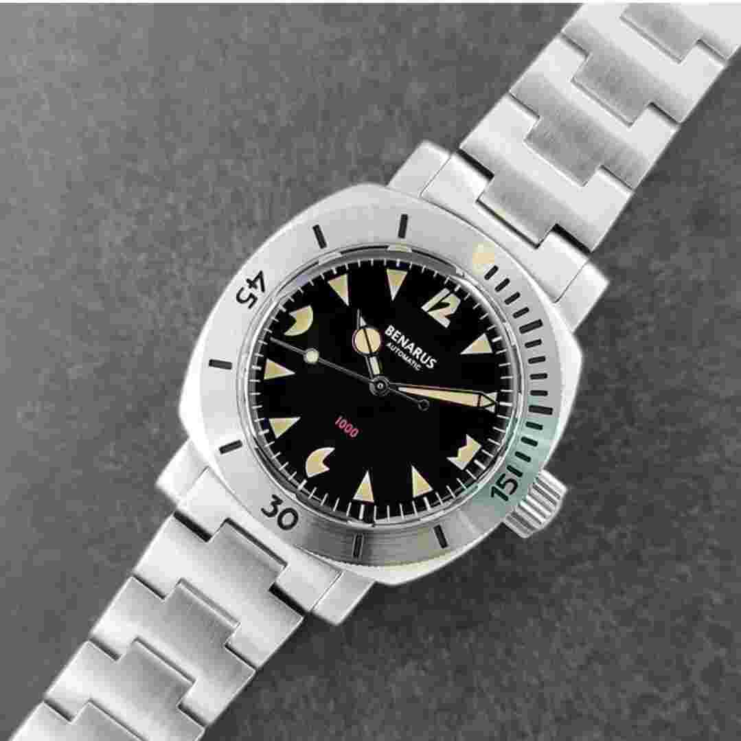 Benarus Moray Watch 38 steel black Pacman vintage lume n/date  Shipped from USA