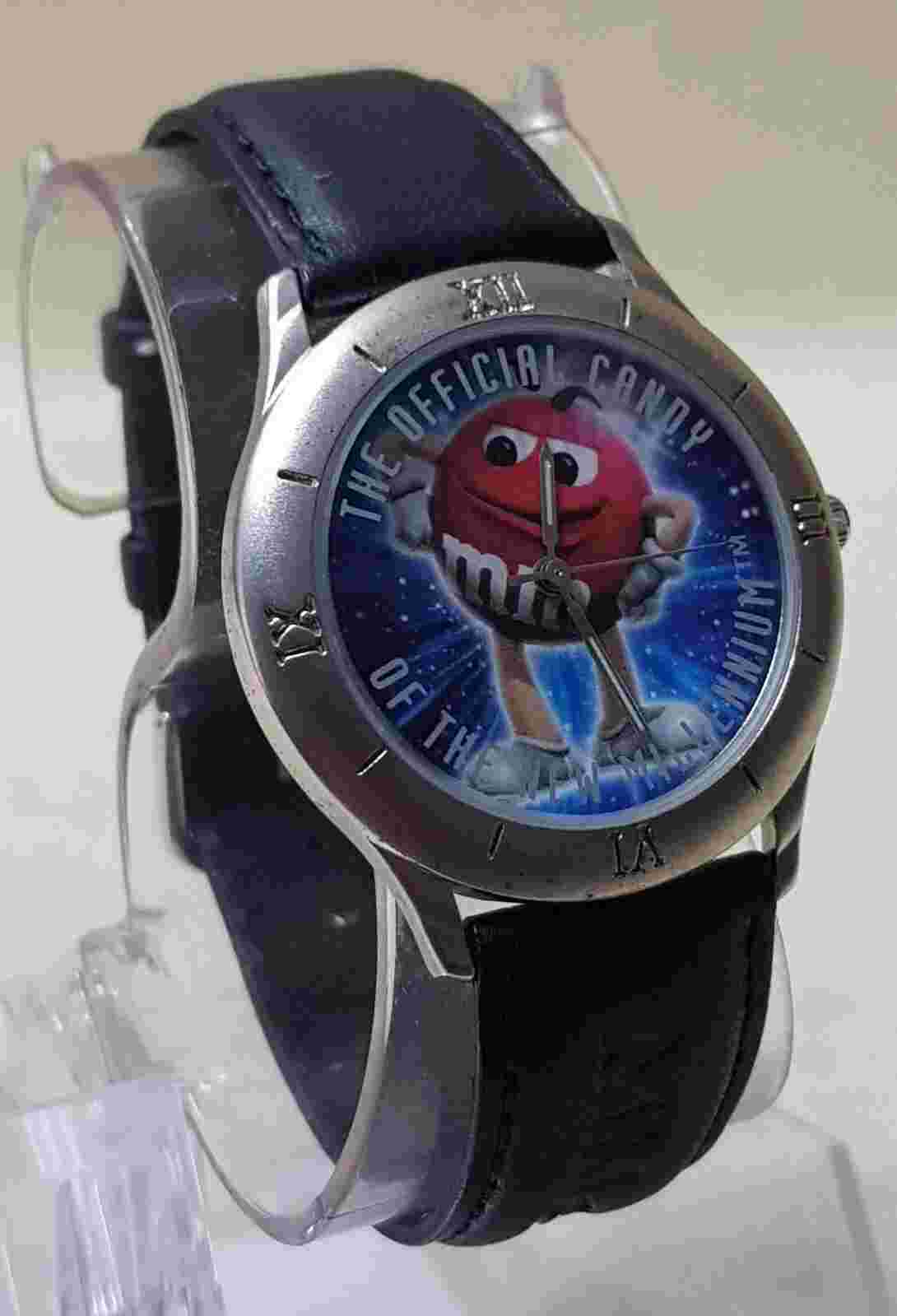 Vintage M&M's Genuine Leather Black  Band Quartz Analog Watch 1998 NEW BATTERY