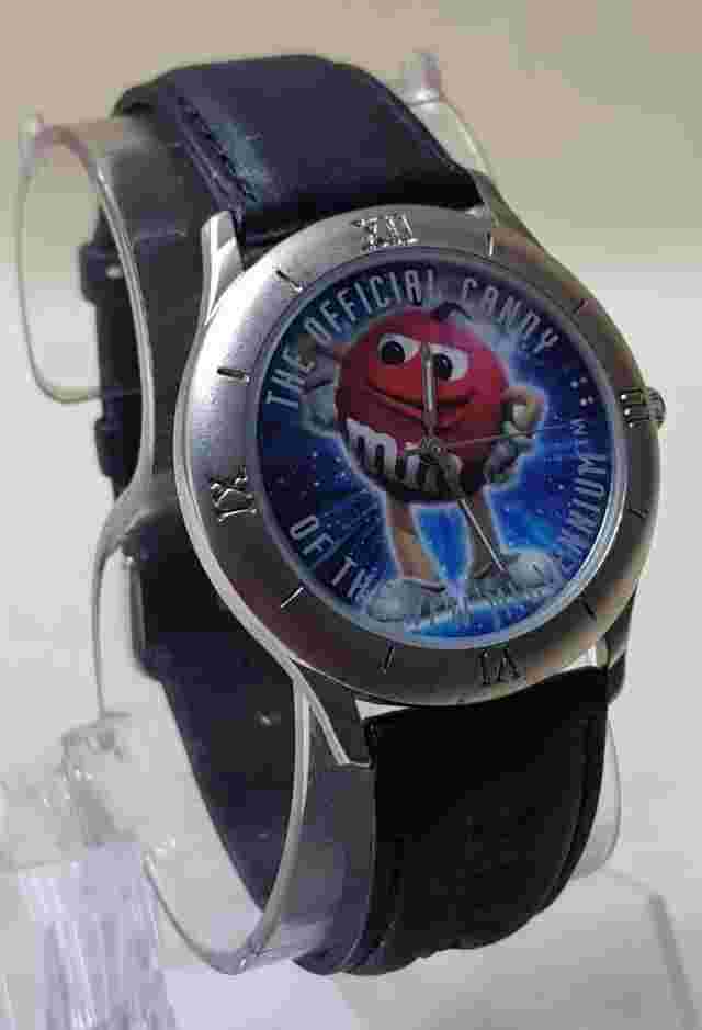 Vintage M&M's Genuine Leather Black  Band Quartz Analog Watch 1998 NEW BATTERY