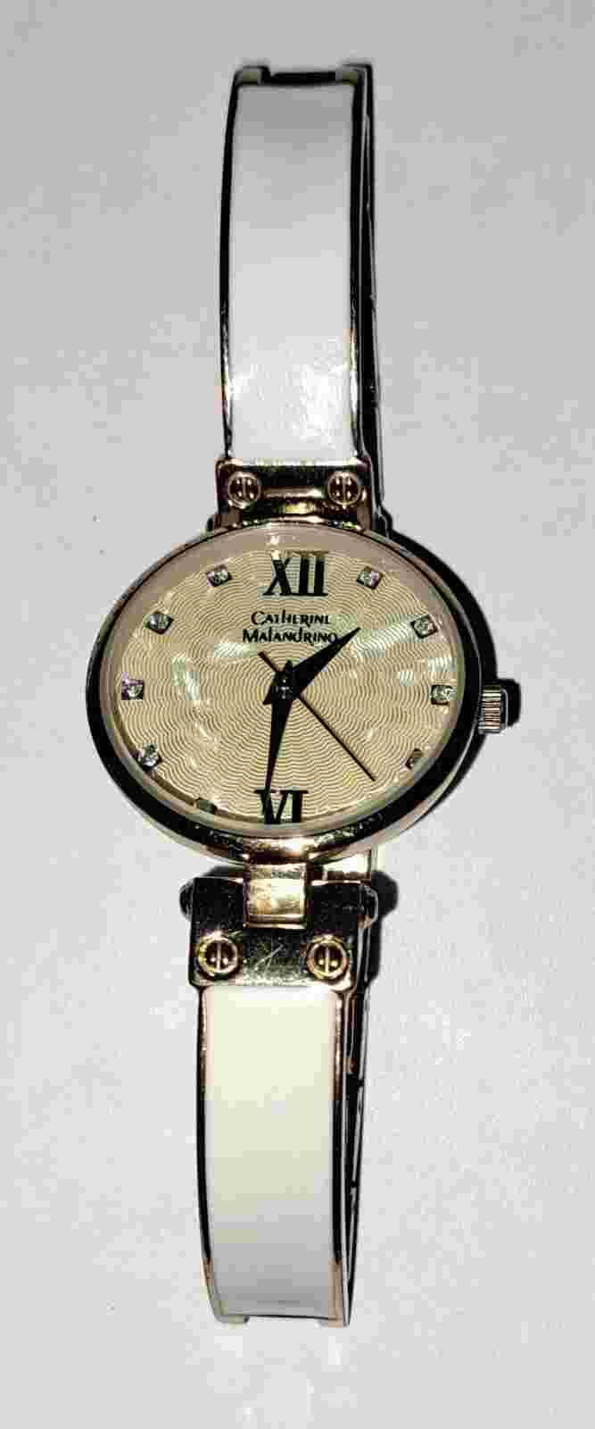 Catherine Maldanrino Women's Watch Gold Toned White Enamel Band New Battery