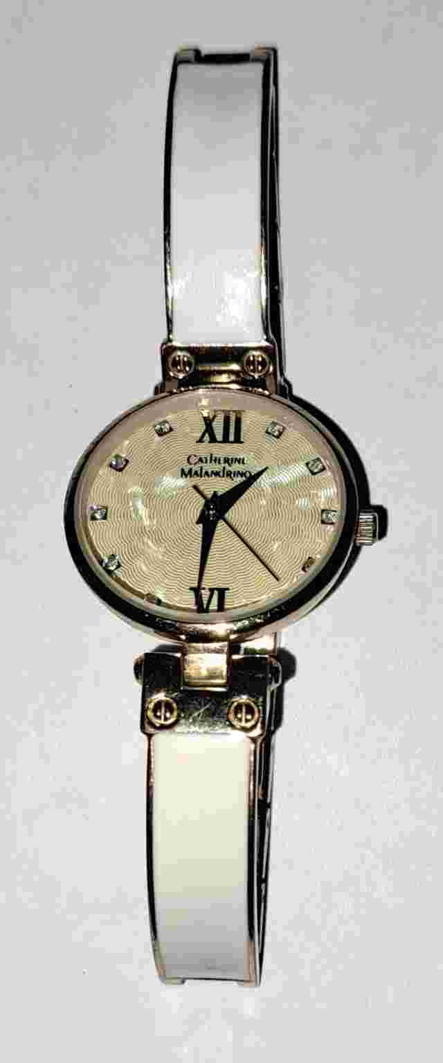 Catherine Maldanrino Women's Watch Gold Toned White Enamel Band New Battery