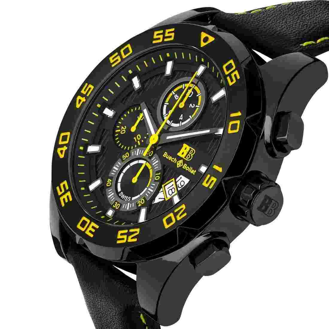 Buech & Boilat Torrent Men’s Swiss Made Chronograph Watch Black and Yellow Dial.