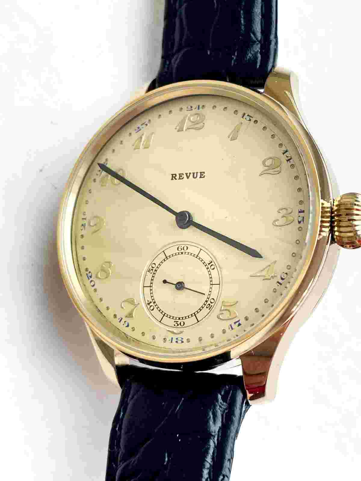 REVUE Vintage  1910`s New Cased rare Metal Gold Face Swiss Men`s Watch