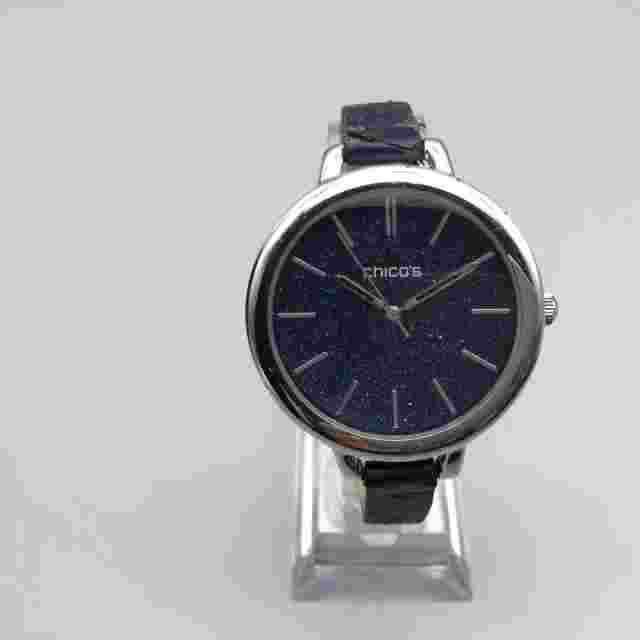 Chico's Watch Women 40mm Silver Tone Blue Glitter Dial Leather Band New Battery