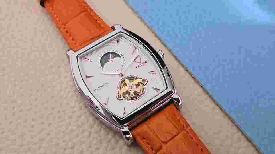 Mens Silver Moon Phase Automatic Mechanical Watch Orang Leather 24HR Dial