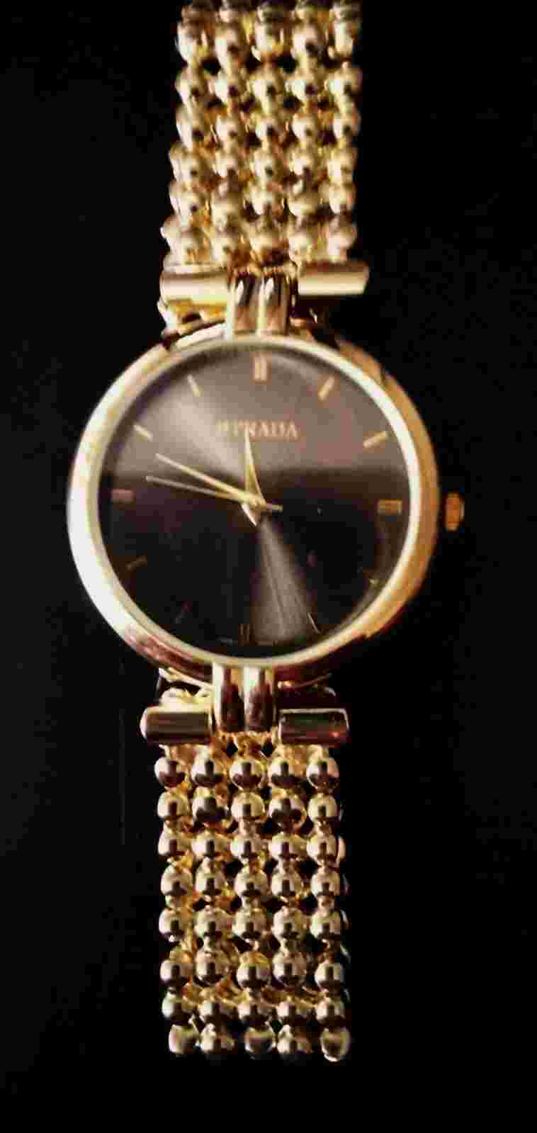 Strada Japanese Movement Black Dial Analog Watch In Gold Tone w/ Gold Metal Band