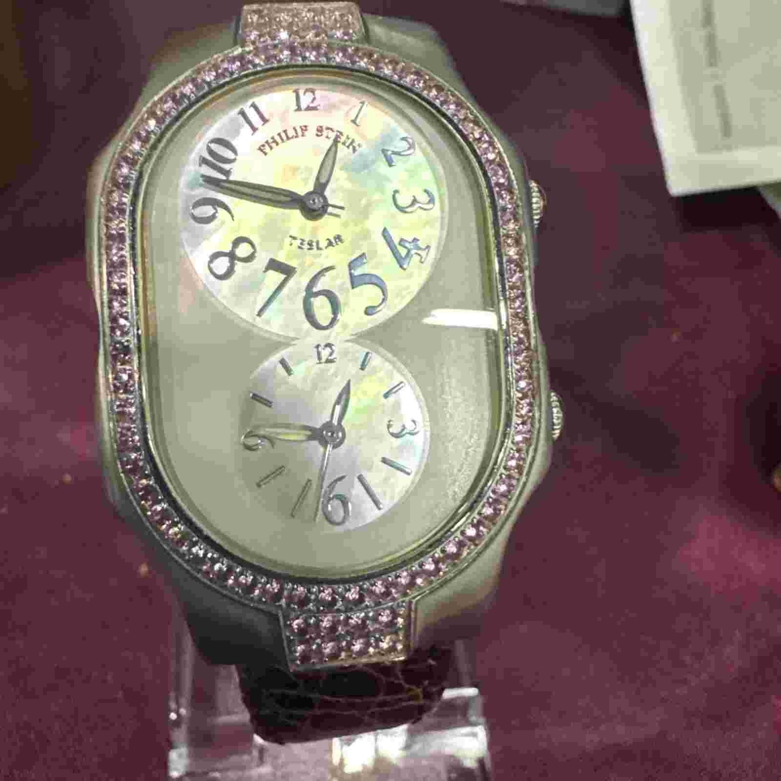 Philip Stein Teslar Steel Pink Diamond Two Time Zone Wrist Watch