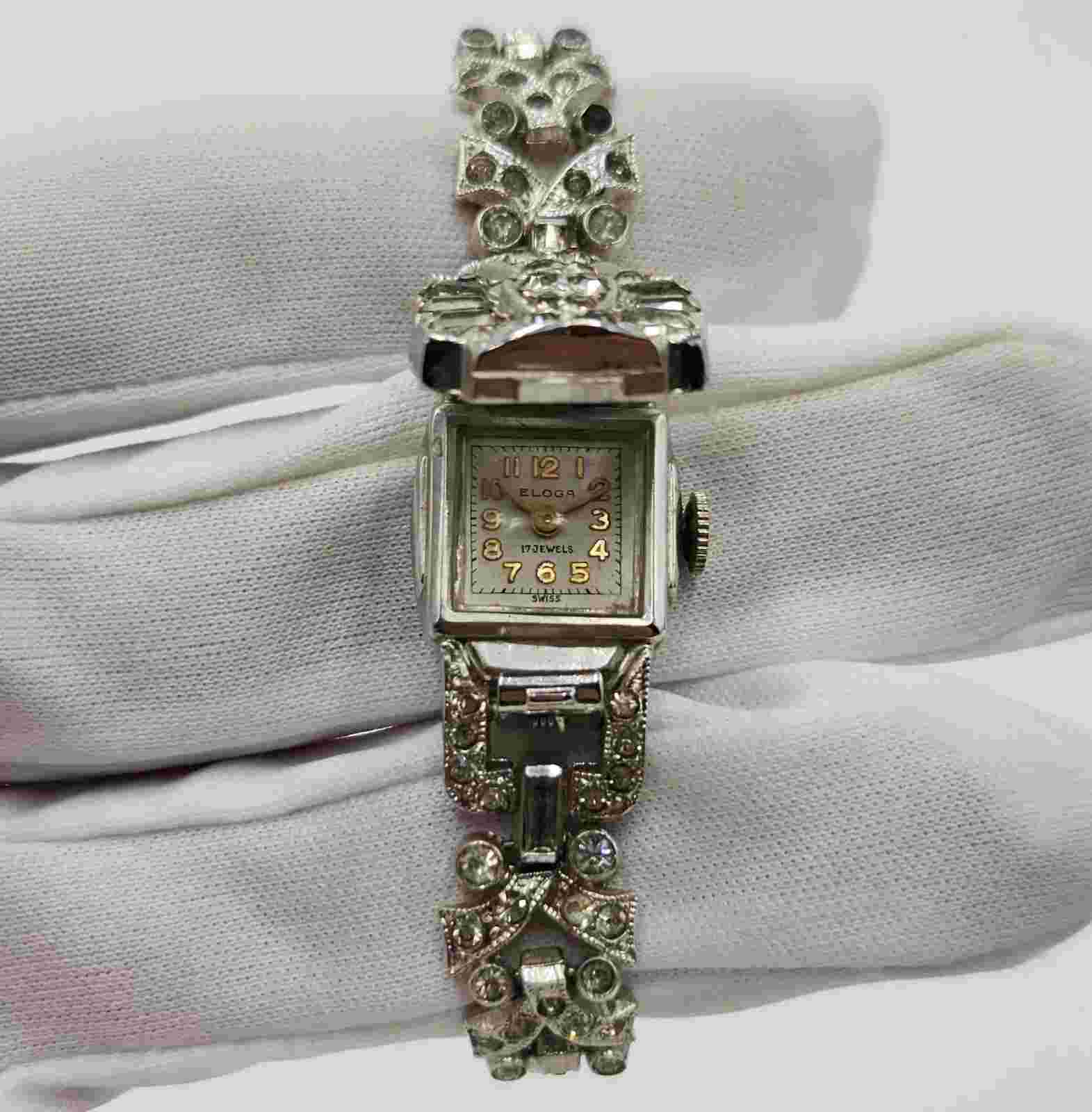 Eloga Ladies Vintage Rhinestone Embellished Swiss Made Mechanical Watch