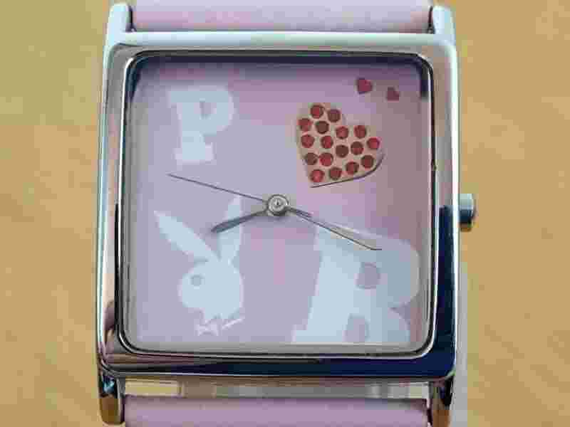Girls Ladies Pink Leather Original Playboy Bunny Square Quartz Fashion Watch NoS