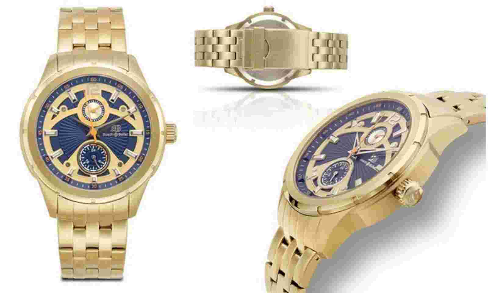 NEW Buech & Boilat 14183 Mens Coureur Blue Textured Dial Yellow Gold Steel Watch