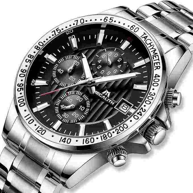 Wrist Watch Japan Quartz Movement Mens Big Face Stainless Band Megalith