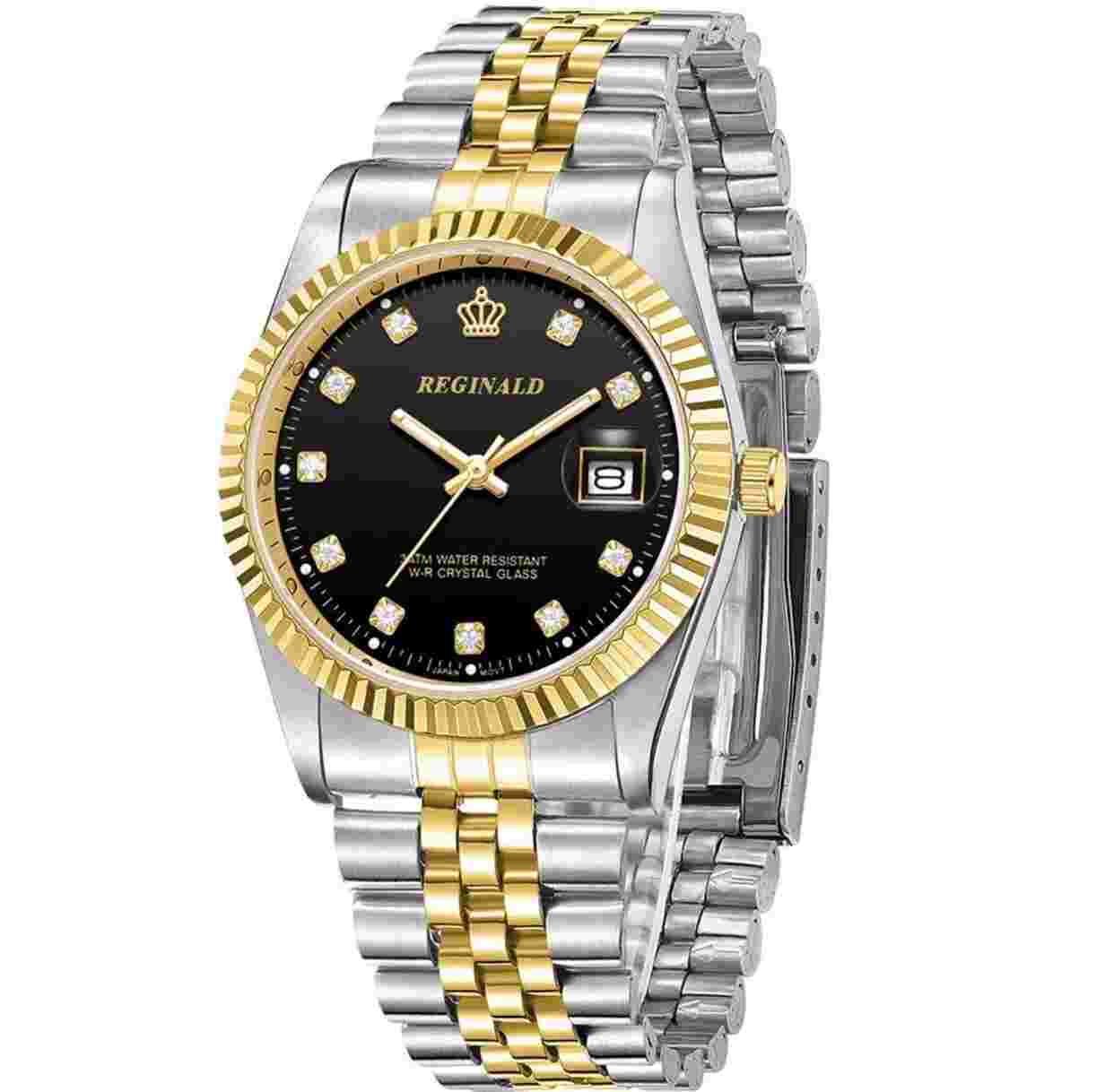 Reginald Ladies Wrist Watch Black Silver Gold Analog Date Quartz. Brand New