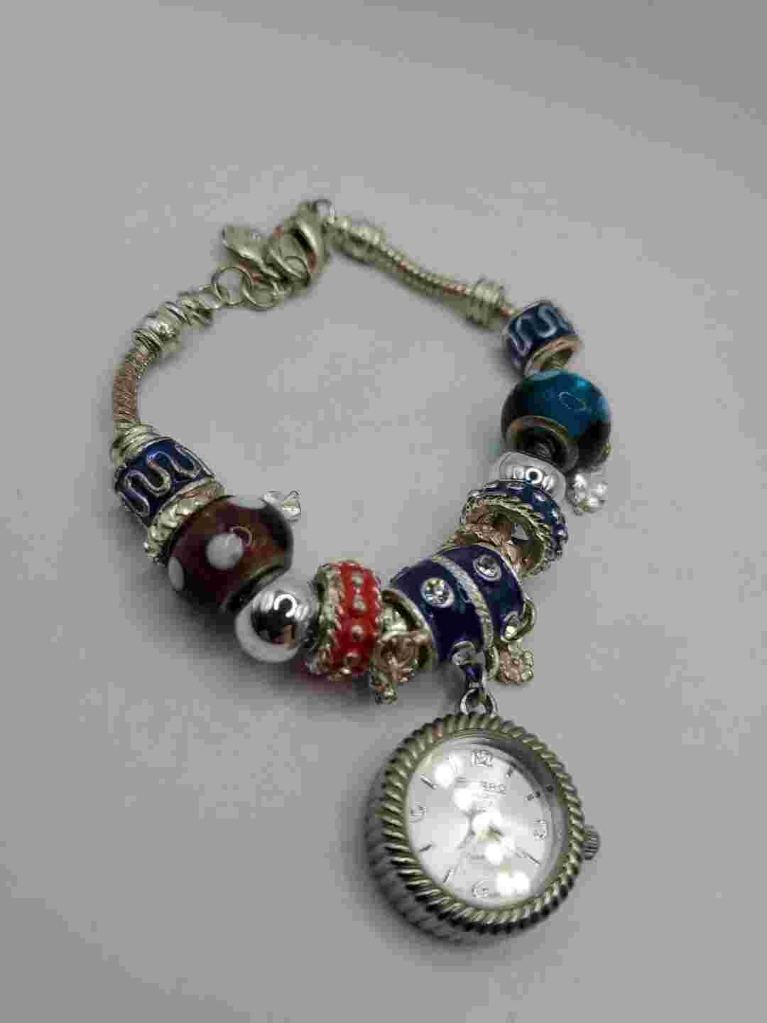 Figaro Couture Ladies Dangle Quartz Watch 27mm Round Silver Tone Beaded Bracelet