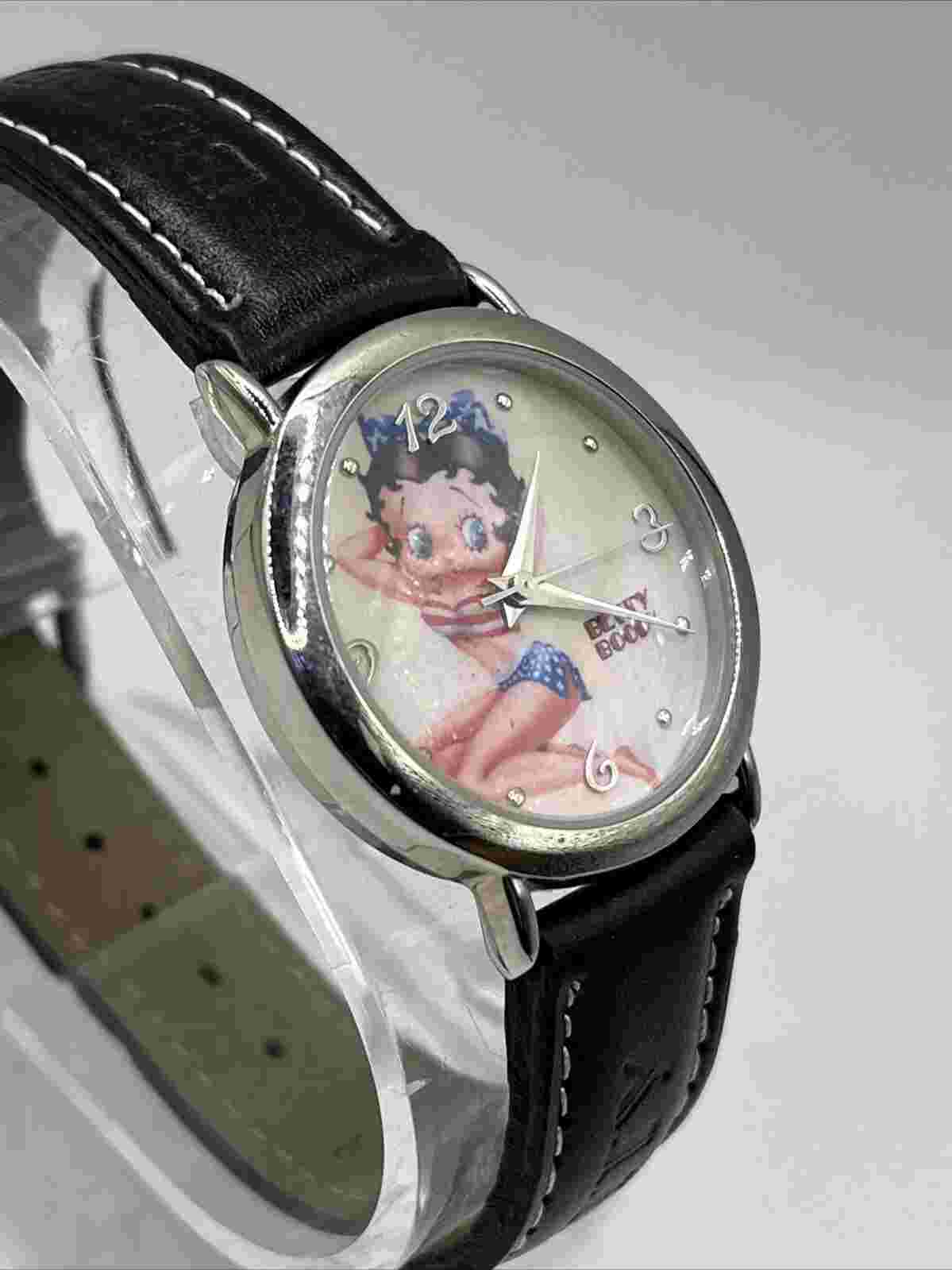 Vtg Betty Boop Women's Watch Genuine Leather Band Patriotic- New Battery