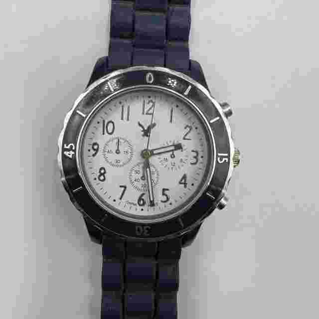 American Eagle Watch Men Silver Tone Blue Faux Chronograph Silicone Band Working