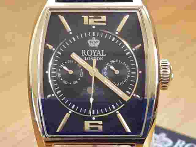 Mens Black Leather Royal London Classic Gold Tonneau Moonphase Watch GREAT GIFT
