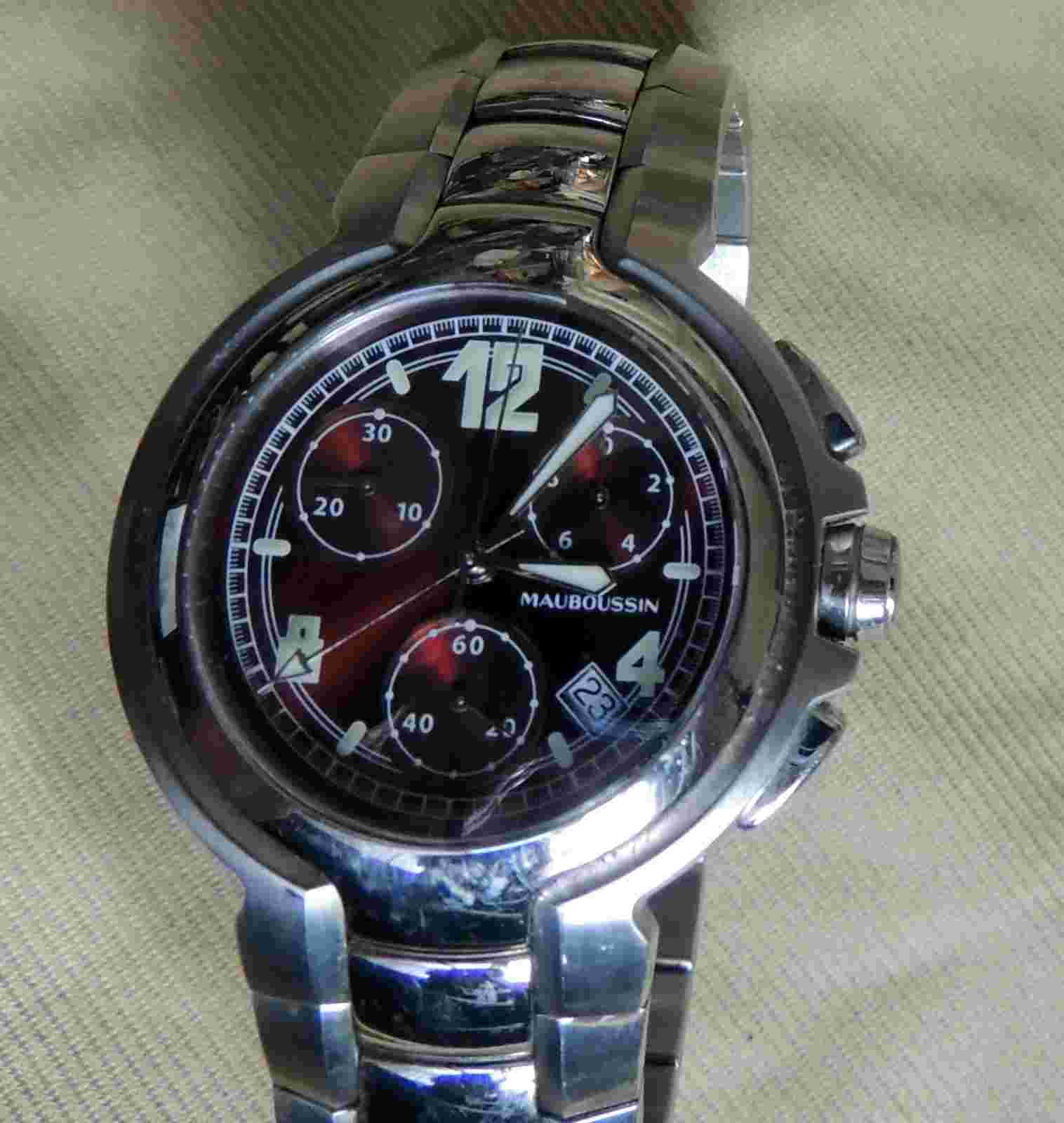 Mauboussin Marbore Burgundy Stainless Steel Chronograph Wrist Watch Luminescent