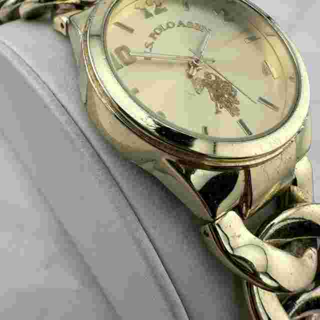 U.S. Polo Assn. Gold Tone Link Bracelet Watch USC40069JC New Battery, Size 7.5”