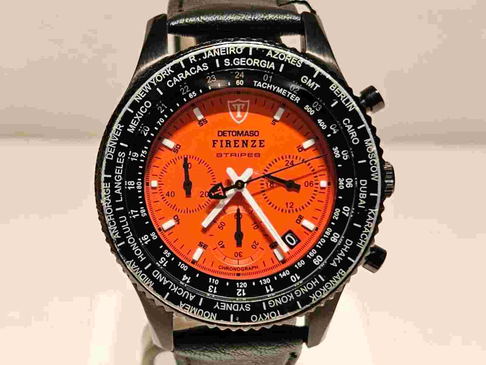 RETRO SPORT ORANGE DIAL BLACK PVD MEN CHRONOGRAPH QUARTZ WATCH"DETOMASO"FIRENCE