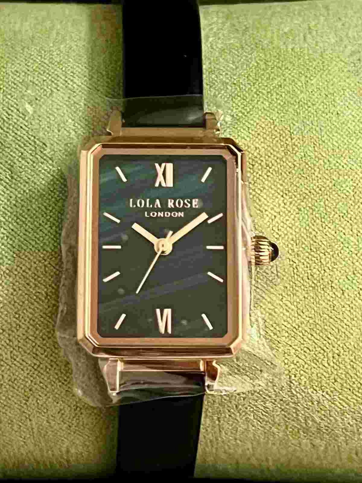 Lola Rose Gold Black Band Malachite Textured Watch w/ extra Metal Strap
