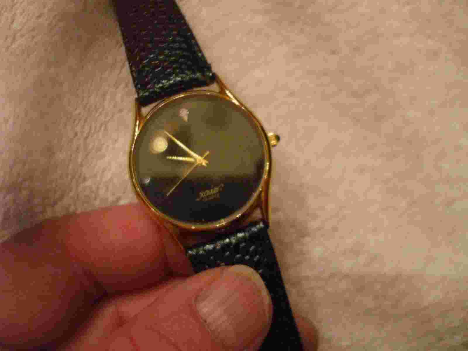 Vintage Xavier Ladies Watch 1.0 Pt. Diamond Quartz Black Face Leather Band As Is