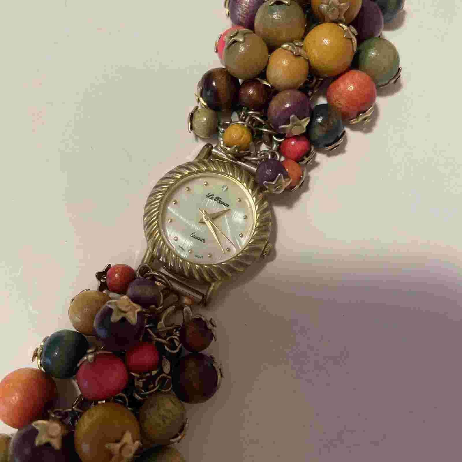 Le Baron Watch Ladies Gold Tone Mother of Pearl Beaded Band New Battery