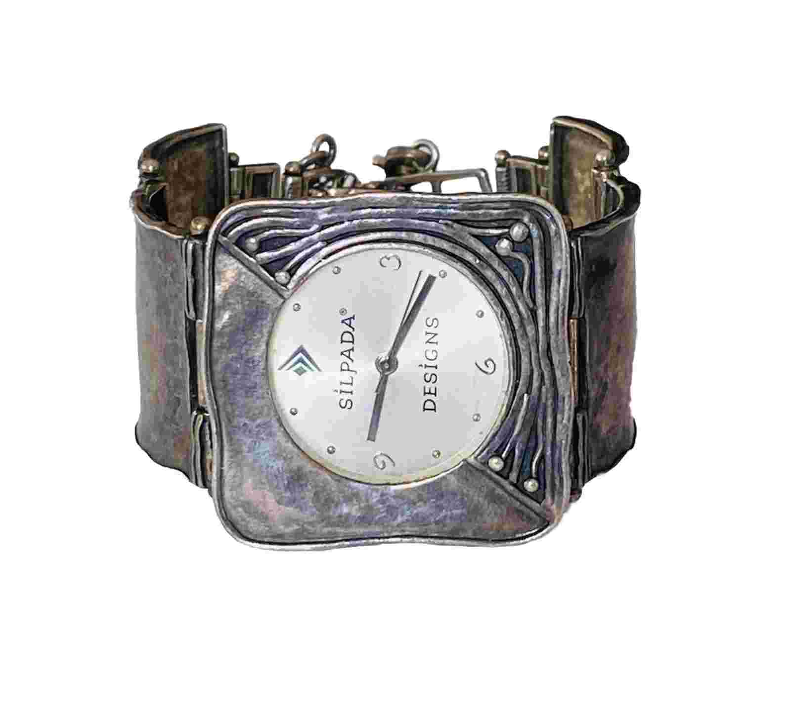 Silpada Designs 925 Sterling Silver Wide Bracelet With Safety Chain Ladies Watch