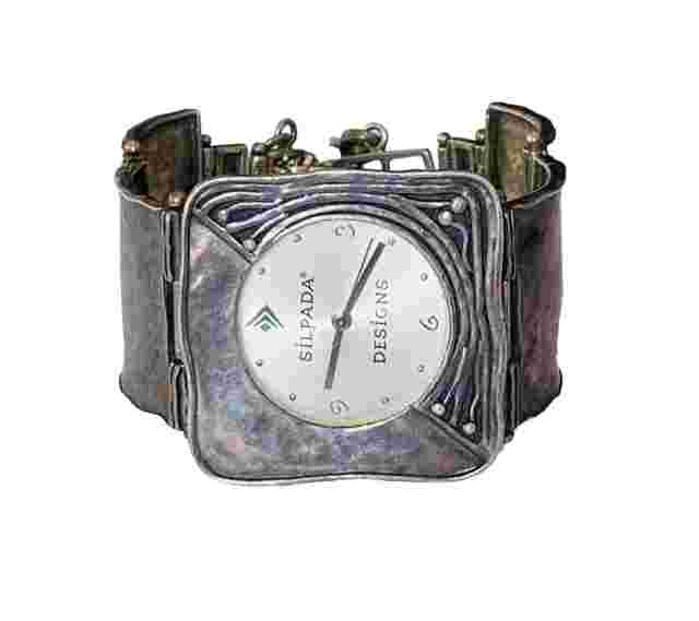 Silpada Designs 925 Sterling Silver Wide Bracelet With Safety Chain Ladies Watch